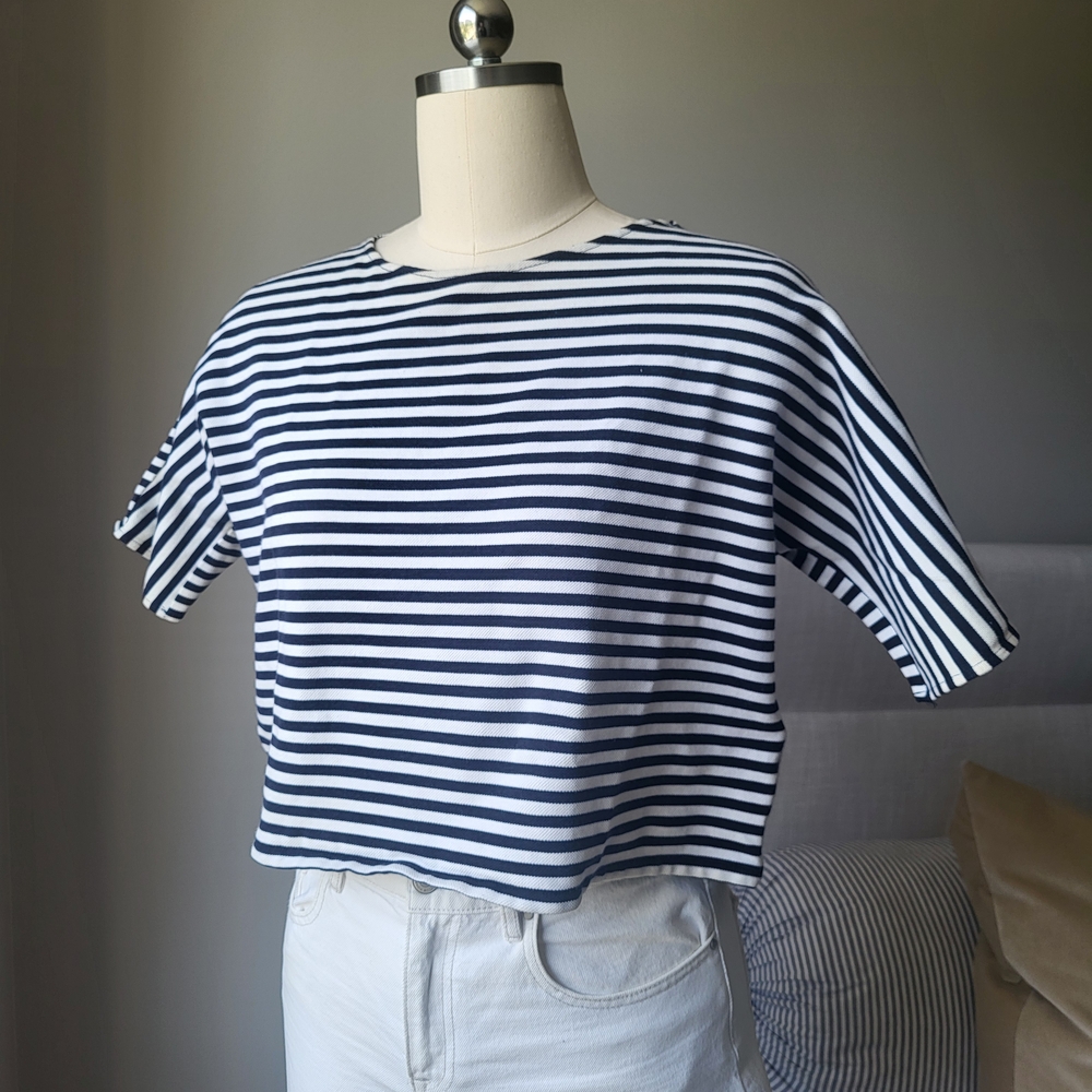 Massimo Dutti Navy and White Striped Short Sleeve Top